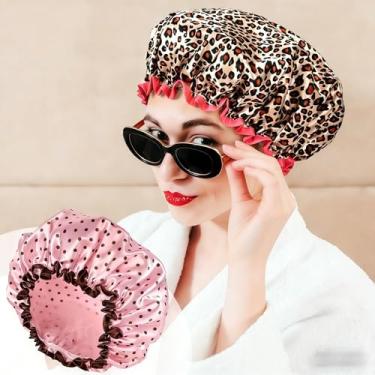 Imagem de 2 peças de touca de banho para mulheres, touca de banho dupla impermeável reutilizável (amarelo, rosa)