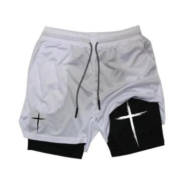 Imagem de Shorts De Corrida Masculinos 2 Em 1 Com Estampa Cruzada, Bolso Para Ce