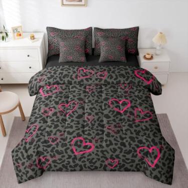 Imagem de Jogo de cama casal com estampa de leopardo preto cinza e preto, cama com corações de amor rosa, estampa de chita africana, inclui edredom, conjunto de lençol, fronhas e fronhas, decoração rústica de