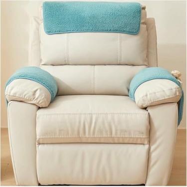 Imagem de Capas de apoio de braço de sofá em lã sherpa com base antiderrapante e bolso de armazenamento. Capas para apoio de braço de poltrona reclinável.
