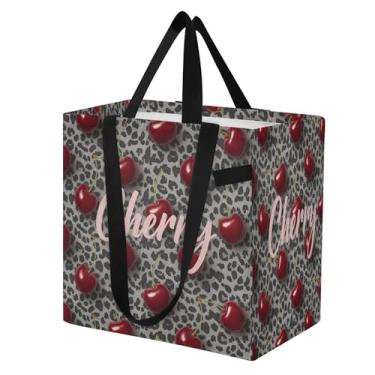 Imagem de SEHANY Sacola reutilizável de cereja e leopardo com alças reforçadas, bolsa de compras de lona dobrável à prova d'água de grande capacidade para viagem, cozinha, praia