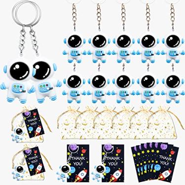 Imagem de 36 peças de lembrancinhas de festa espacial de astronauta, lindo chaveiro espacial de astronauta, lembrancinhas de festa, 12 conjuntos com etiquetas de agradecimento e sacolas de organza brancas para festa de aniversário, chá de bebê e feriado