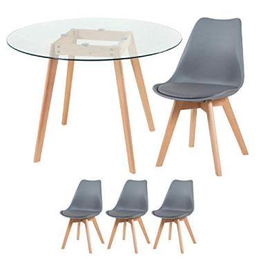 Imagem de Loft7, Kit Mesa redonda de vidro Leda 100 cm + 3 cadeiras estofadas Leda cinza escuro