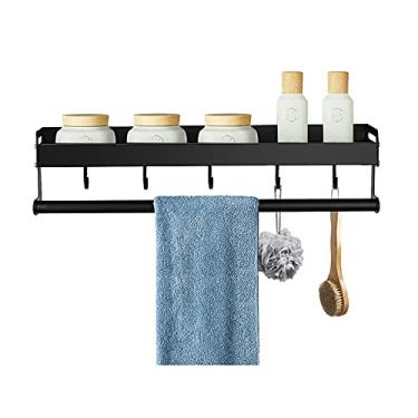 Imagem de Prateleiras flutuantes de 60 cm, prateleiras de armazenamento montadas na parede para cozinha, banheiro, com 5 ganchos de toalha, 2 estilos (Cor: A, Tamanho: 30 cm) (B 60 cm) (B 50 cm)