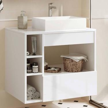 Imagem de Balcão Gabinete de Banheiro 78cm com Cuba de Mármore Sintético e Espelheira – 2 Portas Basculantes, Kit Completo para Organização Doméstica (Branco)