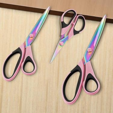Imagem de 3 tesouras de alfaiate afiadas, lâminas de titânio, cabo macio de borracha, tesoura de tecido multiuso para adultos, escritório, costura, escola (rosa e preto)