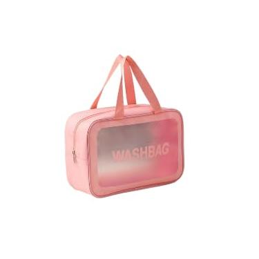 Imagem de Necessaire Organizadora Transparente com Alça, PVC Impermeável, 20x20x5 cm, Fechamento em Zíper, Branco (Rosa, Grande (30x10x20))