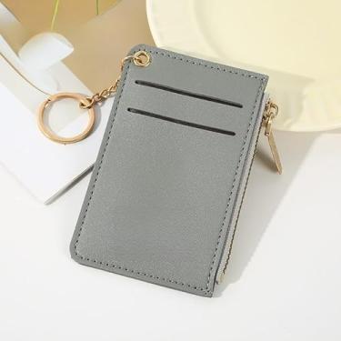 Imagem de Carteira pequena feminina de couro fina com porta-cartões e porta-moedas com chaveiro, Cinza, Bonito