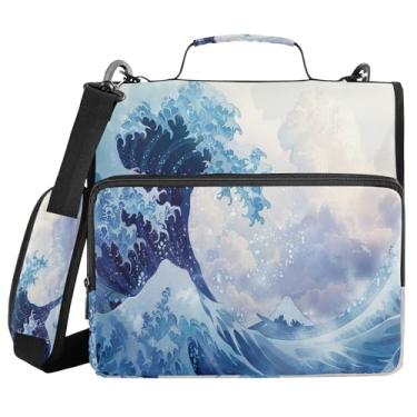Imagem de SEHANY Fichário japonês Seawave com alça de ombro, capacidade para 500 folhas, vários bolsos, 3 cm, 3 anéis Trapper Keeper