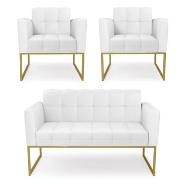 Imagem de Kit 1 Sofá Namoradeira e 2 Poltronas Elisa Corino Branco Base Metálica Industrial Dourado D03 - D'Rossi