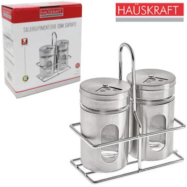 Imagem de Jogo de Porta Temperos com Suporte Hauskraft Saleiro e Pimenteiro 100ml Inox 3 Peças