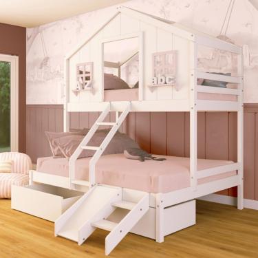 Imagem de Beliche Casal/ Solteiro Casinha Dos Sonhos Com Gavetas Kit Escada/ Escorregador Madeira Maciça Branco/ Rosa Megamobilia