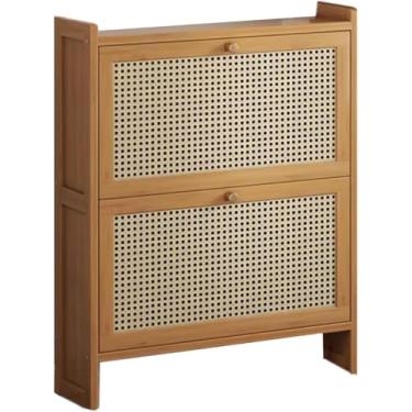 Imagem de Armário de sapatos fino, armário de armazenamento de sapatos de bambu independente com portas dobráveis organizador de calçados retrô com gaveta móveis de armazenamento doméstico para entrada de