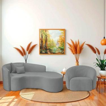Imagem de Kit Recamier Curvo Sala De Estar Inglaterra 180cm Lado Direito E Poltrona Orgânica Luxo Amore Bouclé Cinza