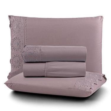 Imagem de Jogo de Cama Lençol Queen 4 Peças 200 Fios Lençol Plano Detalhe Bordad
