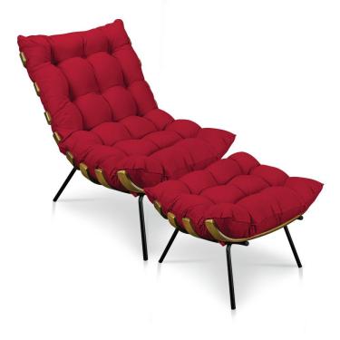 Imagem de Kit Poltrona Costela Com Puff Para Sala Suede Veludo Vermelho Neros Interiores