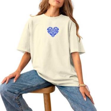 Imagem de Blusa Feminina Plus Size Algodão Casual Estampada Logo Pequena Confortável Estilosa Coração Blue-Feminino