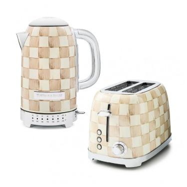 Imagem de Conjunto chaleira elétrica e torradeira 2 fatias MacKenzie-Childs Mocha Check marrom e branca inox 110V