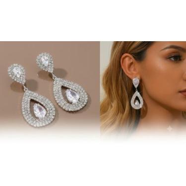 Imagem de Brinco Feminino Pingente Cristais Prata Longo Zircônias Luxuoso Strass