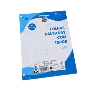 Imagem de Folha Pautada para Fichário Animativa 96 Folhas 200x275mm com Furos Branco