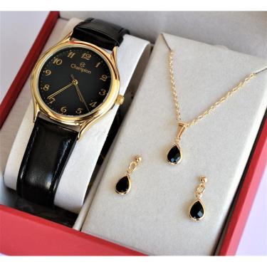 Imagem de Relogio Champion Feminino Visor Preto Couro Numeros Ch22233n + Kit Semi Joia