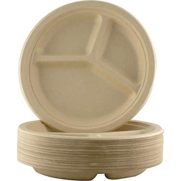 Imagem de Pratos de 3 compartimentos biodegradáveis de grau de restaurante, 25,4 cm. Pacote com 50 unidades. Ótimo para almoço e jantares Descartáveis Pratos de trigo compostáveis à prova de vazamento e seguro para micro-ondas.