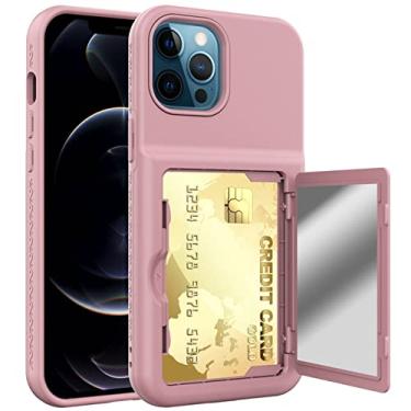 Imagem de 2 em 1 porta slots de cartão capa para iphone 13 pro max 12 mini armadura à prova de choque cor pára-choques pc capa dura para telefone, ouro rosa, para iphone13 pro max