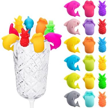 Imagem de PAGOW 18 peças copos copos pingentes de vinho marcadores de vinho, bonito silicone tubarão língua abacaxi vidro identificador marcadores de bebida para aniversário, dia das mães, natal, lembrancinhas de festa de Halloween, resina, resina, Resina, resina