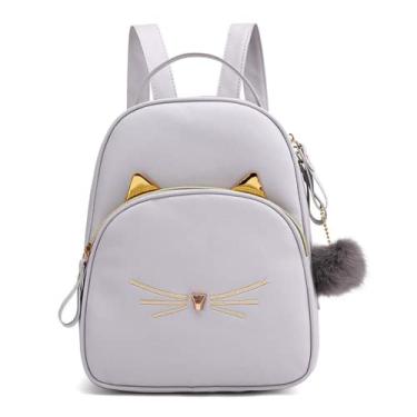 Imagem de Mochila feminina couro PU bonito desenho animado gato mochilas escolares para adolescentes meninas mochila feminina bolsa de viagem bolsas, Cinza