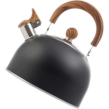 Imagem de REJOON Chaleira de chá com apito para fogão top 2,5 l bule de aço inoxidável para acampamento chá de servir chaleira apito bico trava capa preta