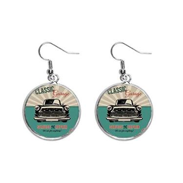 Imagem de Brincos femininos pretos clássicos com padrão de reparo de carros, brincos pendentes de prata