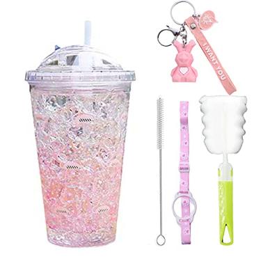 Imagem de Caneca de viagem de flamingo rosa com palha feminina copo de gelo verde congelador viagem caneca gelada (flamingo roxo, 450 ml)