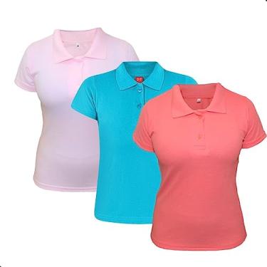 Imagem de Kit 3 Camisas Polo Femininas Camiseta Gola Polo Piquet uniforme lisa básica Coloridas (as2, alpha, l, regular, Rosa BB, Turquesa, Salmão)