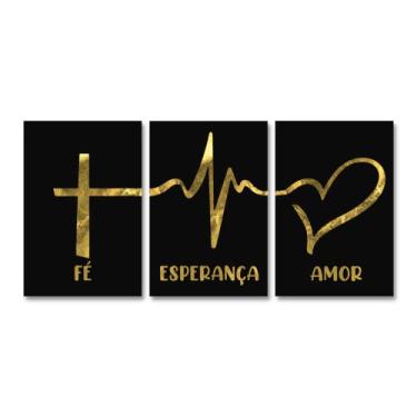 Imagem de Quadros Decorativos Sala Frase Fé Esperança Amor Kit 3 Placa