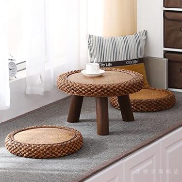 Imagem de Conjunto de cadeiras redondas de mesa de centro de vime, mesa de chá de piso japonês, mesa baixa de plataforma tatami para sala de estar, janela saliente, varanda (marrom (3 unidades) 50 * 50 * 30 cm)