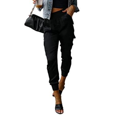 Imagem de Mulheres Joggers de Cetim, Cetim Cônico Tornozelo Joggers Casual Streetwear Moda Elástica Cintura Alta para Senhora para a Vida Diária (S)