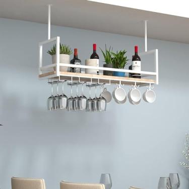 Imagem de Rack de vinho com guarda-corpo, rack de vidro de vinho de teto, suporte de garrafa de vinho de madeira de metal suspenso com 2 tipos de rack de vidro de vinho, para cozinha de bar café, bran