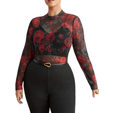 Imagem de SOLY HUX Camiseta feminina plus size com estampa floral de malha transparente, gola redonda, manga comprida, Floral vermelho, 4G Plus Size