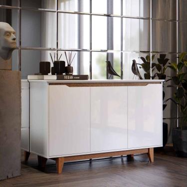 Imagem de Aparador Buffet Quarto Sala Flow 3 Portas com Pés de Madeira Branco com Freijó - Rede Móveis