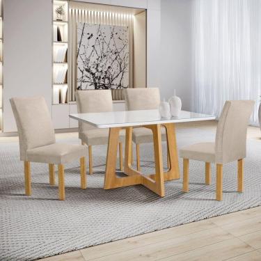 Imagem de Conjunto Mesa Arizona 120cm com 4 Cadeiras Canela Tampo Smart Plus com Vidro Cinamomo/Off White/Bege