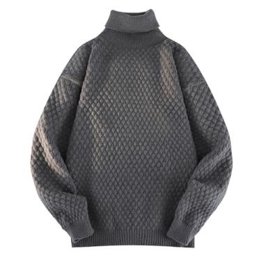 Imagem de Suéter masculino tricotado com gola rolê cor sólida suéter vintage gola rolê, Cinza escuro, 3G