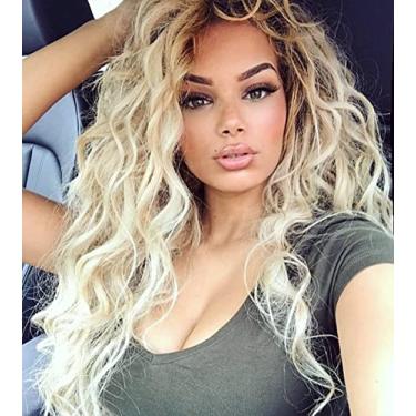 Imagem de Fencca Peruca loira longa encaracolada ondulada ombré loira platinada para mulheres cabelo solto ondulado sem cola perucas sintéticas resistentes ao calor para uso diário em festas