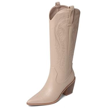 Imagem de Nude Cowgirl Botas femininas de couro de salto grosso, bota caubói larga com bordado clássico, bico fino na altura do joelho, botas ocidentais femininas, Bege, 38 BR