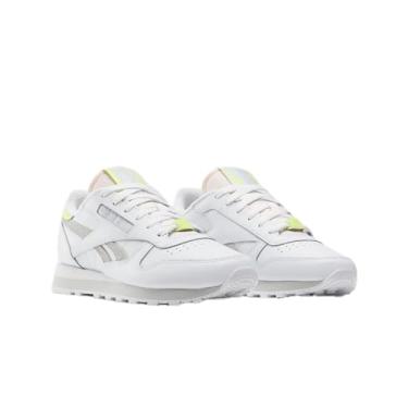 Imagem de Reebok Tênis feminino de couro clássico, Calçado branco/cinza puro 2/amarelo ácido, 36