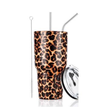 Imagem de Caneca de viagem isolada de aço inoxidável com tampa de palha de 30oz, 30oz Leopard