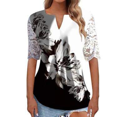 Imagem de Lainuyoah Camiseta feminina de verão 2024 na moda adolescente fofa treino vintage 2024 manga 3/4 renda patchwork decote em V blusa floral, A - Preto, GG