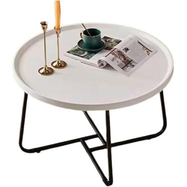 Imagem de Mesa de centro multifuncional moderna sala de estar doméstica pequena combinação redonda mesa de centro de nogueira com tampo de madeira e estrutura de metal preta (tamanho: 80x46cm, branco,