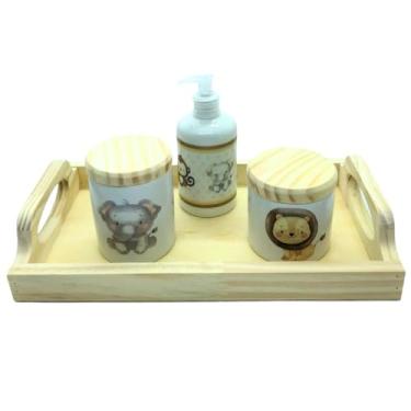 Imagem de Antilope Decor Porcelanas, Kit higiene bebê Safari 4 peças - Bandeja, potes, porta álcool - Peças Porcelana Bandeja e Tampas Pinus