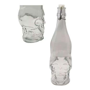 Imagem de Garrafa de Vidro Formato Crânio Caveira Com Rolha de Plástico Resistente 450ml Para Licor Água