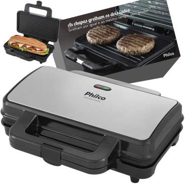 Imagem de Sanduicheira Grill Elétrica Philco Inox Antiaderente PGR02I 900W Faz 2 sanduíches